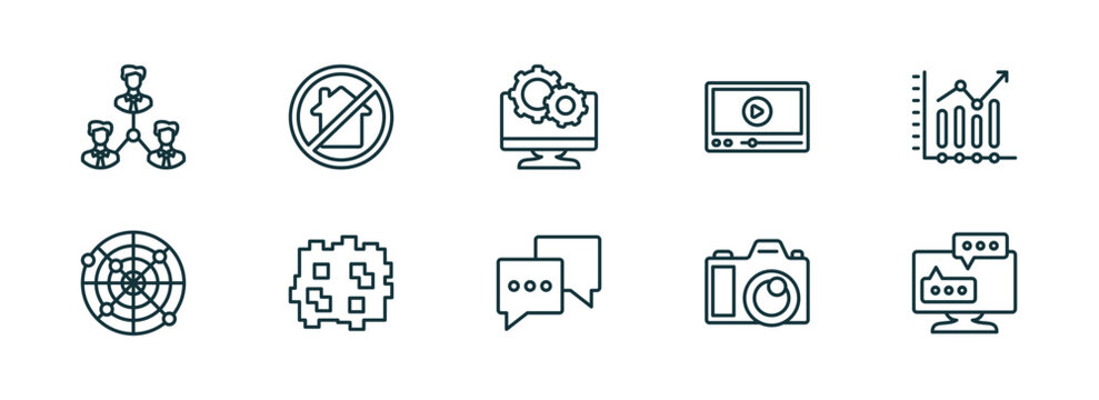 set of 10 linear icons from social media marketing concept. outline icons such as coordinating people, homeless, system, feedback, big photo camera, flats vector