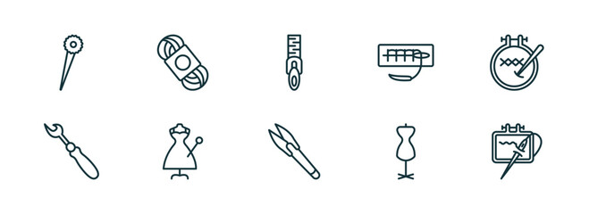 set of 10 linear icons from sew concept. outline icons such as pin, wool, slide fastener, cutter, mannequin, needlework vector