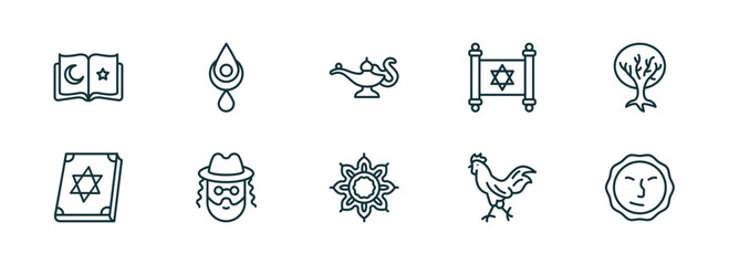 set of 10 linear icons from religion concept. outline icons such as koran, bindi, genie lamp, arabic art, chicken, induence vector