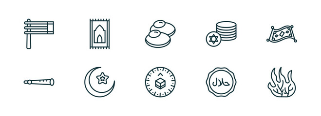 set of 10 linear icons from religion concept. outline icons such as gragger, praying mat, gefilte fish, qibla, halal, burning bush vector