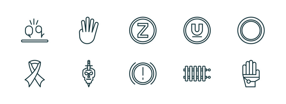 set of 10 linear icons from shapes concept. outline icons such as letter glow effect, four finger in hand, z, brake system warning, radiators, gauntlet vector