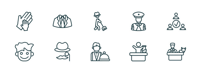 set of 10 linear icons from people concept. outline icons such as hand of an adult, business suit, farmer working, waiter working, chemist working, vet with cat vector