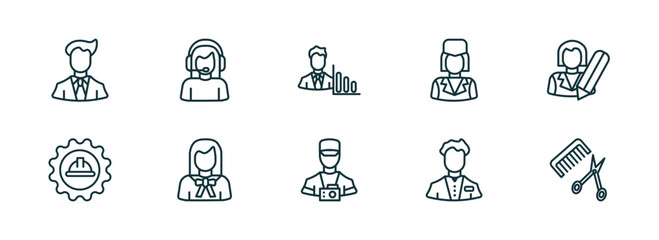 set of 10 linear icons from professions concept. outline icons such as businessman, callcenter, statistician, photographer, clerk, hairdresser vector