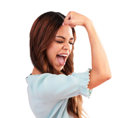 Strong, proud and woman flexing for feminism power, women empowerment and smile. Arms, excited girl and young female model posing to show her strength isolated on a transparent, png background