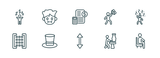 set of 10 linear icons from people concept. outline icons such as man with money, sick smile, book keeper, vertical, sculptor working, sit down vector