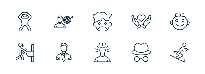 set of 10 linear icons from people concept. outline icons such as pulling hair, man with target, sad smile, man with idea, hat and glasses, ski stick man vector