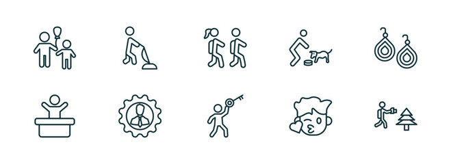 set of 10 linear icons from people concept. outline icons such as man child and balloons, man vacuuming, children in school, man with big key, kiss smile, photographer working vector