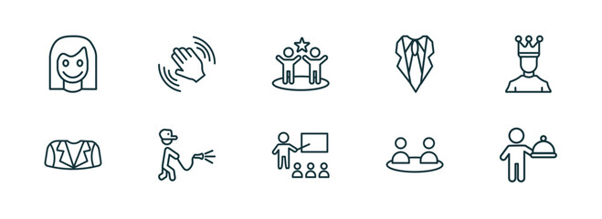 set of 10 linear icons from people concept. outline icons such as girl smile, waving goodbye, team success, teacher and students, relations, cooker with tray vector