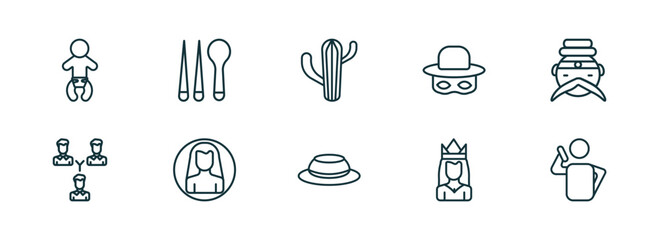 set of 10 linear icons from people concept. outline icons such as baby with diaper, korean, argentina, chilean, princes, man talking with phone vector