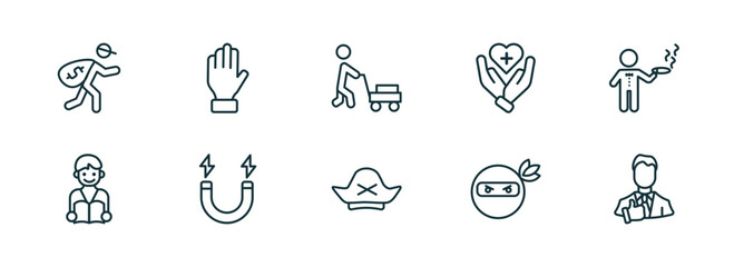 set of 10 linear icons from people concept. outline icons such as steal, slap, person mowing the grass, pirate head, ninja portrait, tumb up business man vector
