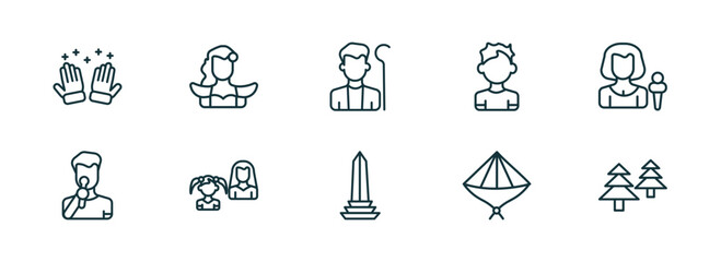 set of 10 linear icons from people concept. outline icons such as salat, spanish woman, shepherd, venezuelan, vietnamese, norwegian vector