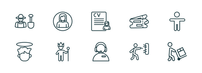 set of 10 linear icons from people concept. outline icons such as garderner, woman profile, woman covering, phone assistance, man throwing a dart, worker loading vector