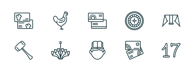 set of 10 linear icons from other concept. outline icons such as cook business card, chichen hen, sea business card, self learning, abstract business card, seventeen vector