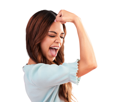 Strong, proud and woman flexing for feminism power, women empowerment and smile. Arms, excited girl and young female model posing to show her strength isolated on a transparent, png background - Powered by Adobe