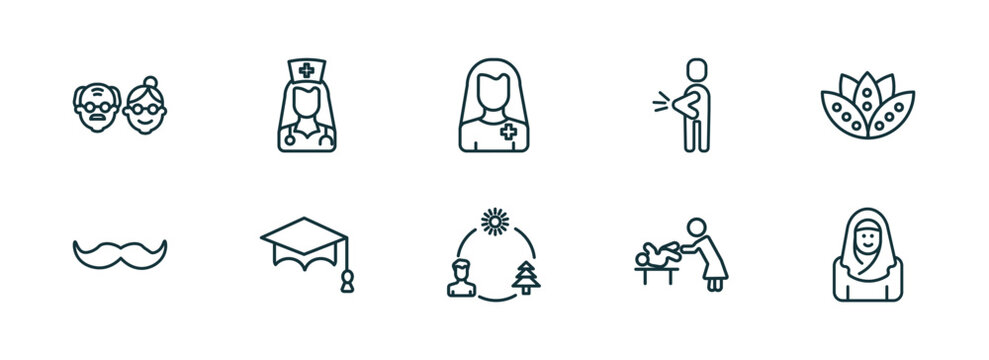 set of 10 linear icons from people concept. outline icons such as old couple, female doctor, pacient, ecosystem, babysitter and child, arab woman vector