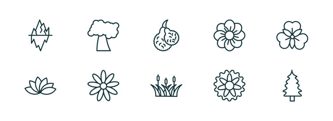 set of 10 linear icons from nature concept. outline icons such as iceberg, black cherry tree, bergamot, reed, aster, eastern redcedar tree vector