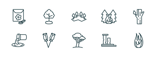 set of 10 linear icons from nature concept. outline icons such as flower seeds, tree growing, mountains with trees, savannah, ruins, fire flame vector