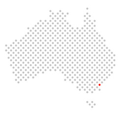 Canberra in Australien: Australienkarte aus grauen Punkten mit roter Markierung