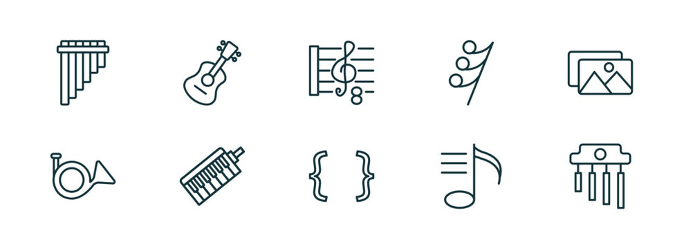 set of 10 linear icons from music and media concept. outline icons such as panpipe, ukelele, octave, brace, playlist, chimes vector