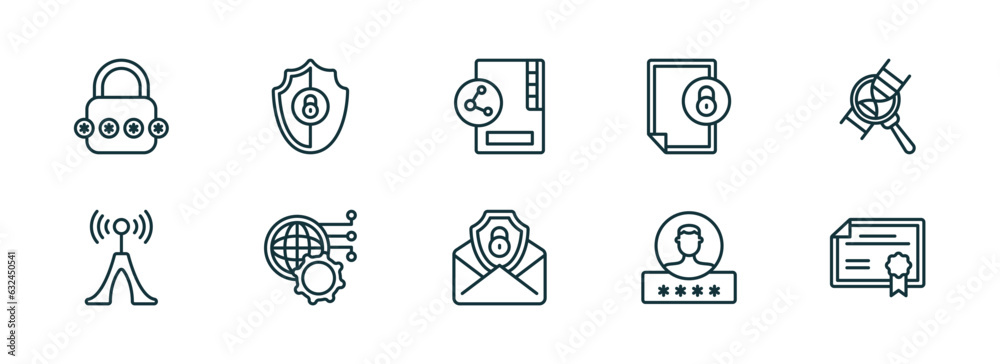 Wall mural set of 10 linear icons from internet security concept. outline icons such as passkey, gdpr shield, f