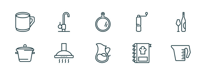 set of 10 linear icons from kitchen concept. outline icons such as mug, kitchen tap, chopping board, pitcher, recipe, measuring cup vector