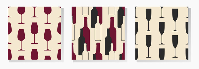 Wine bottles and glasses vector seamless patterns collection. Black and red elements on beige background. Best for textile, bar decoration, wallpapers, wrapping paper, package and web design.