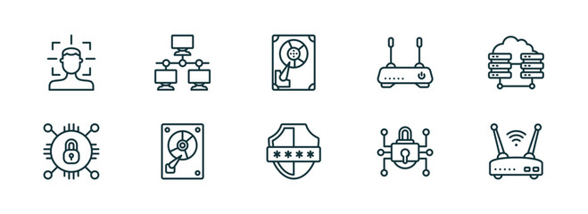 set of 10 linear icons from internet security concept. outline icons such as facial recognition, local network, hard drive, pin code, traffic encryption, wireless router vector