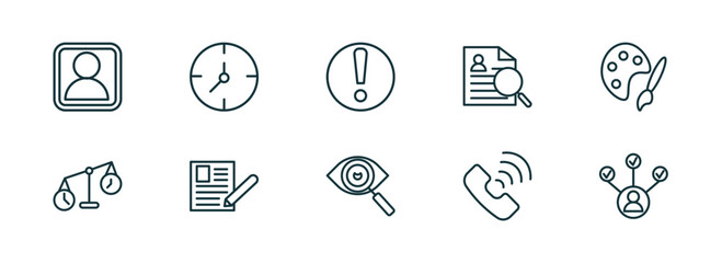 set of 10 linear icons from human resources concept. outline icons such as profiles, timing, urgent, appearance, call, multitask vector