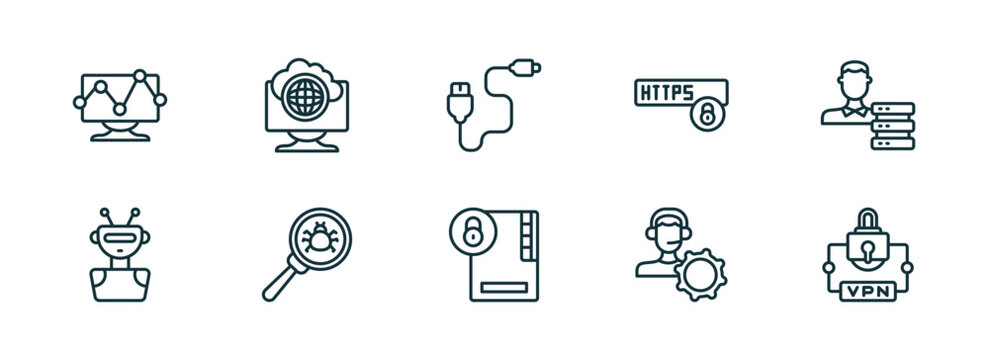 set of 10 linear icons from internet security concept. outline icons such as web traffic, internet connection, phone cable, folder security, remote support, virtual private network vector