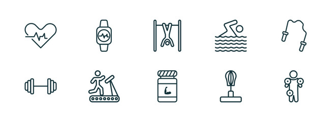 set of 10 linear icons from gym and fitness concept. outline icons such as fitness heart, fitness watch, exercise hang bar, phytonutrients, standing punching ball, anatomy vector