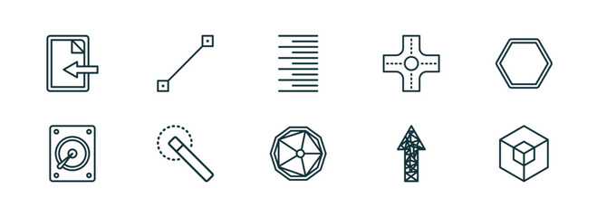 set of 10 linear icons from geometry concept. outline icons such as import, lengthen, right align, ennegon, polygonal arrow up, hexahedron vector