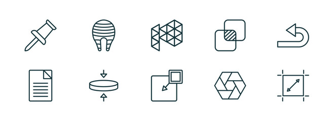 set of 10 linear icons from geometry concept. outline icons such as push pin, fillet, polygonal megaphone, insert, polygonal hexagon, dimensions vector