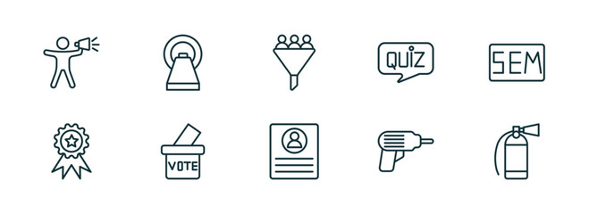 set of 10 linear icons from general concept. outline icons such as leader with loudspeaker, mri scanner, lead conversion, profile list, perforator, fire estinguisher vector