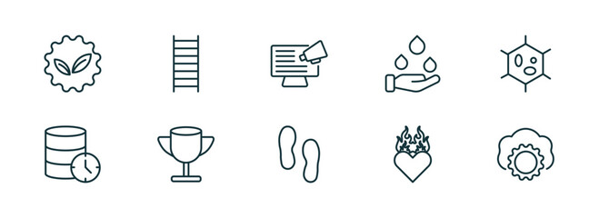 set of 10 linear icons from general concept. outline icons such as go green badge, stepladder, social campaign, steps, heart in flames, saas vector