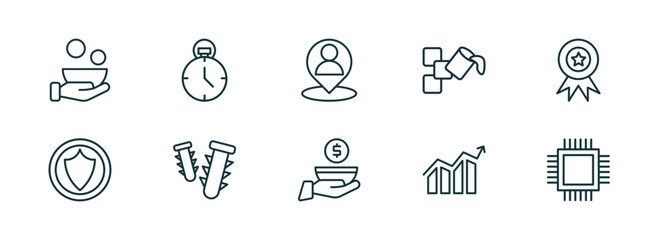 set of 10 linear icons from general concept. outline icons such as poverty, analog stopwatch, placement, poor, marketing strategy, patch crop vector