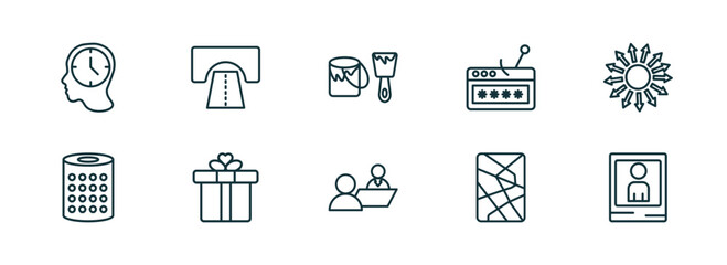 set of 10 linear icons from general concept. outline icons such as patience, road tunnel, painting work, job interview, fragments, yearbook vector