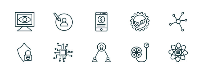 set of 10 linear icons from general concept. outline icons such as computer vision, direct marketing, digital banking, collaborative idea, inflate tire, big data scientist vector