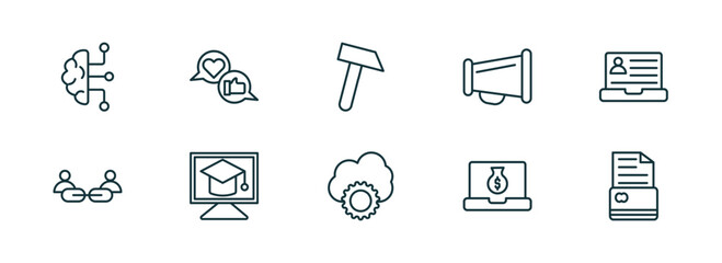 set of 10 linear icons from general concept. outline icons such as business intelligence, brand engagement, sledgehammer, cloud service, digital economy, credit history vector