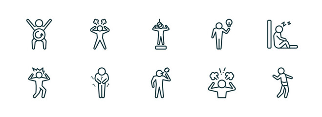 set of 10 linear icons from feelings concept. outline icons such as refreshed human, angry human, helpless human, bad pissed sexy vector
