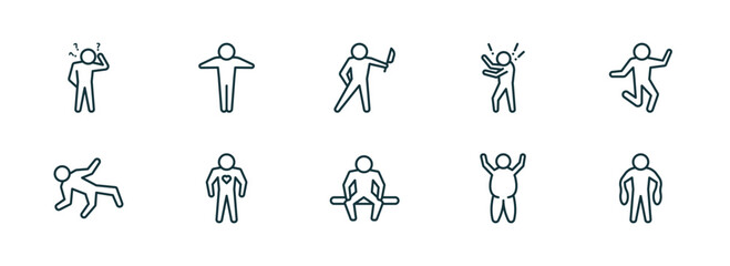 set of 10 linear icons from feelings concept. outline icons such as confused human, full human, awful human, alone fat fantastic vector