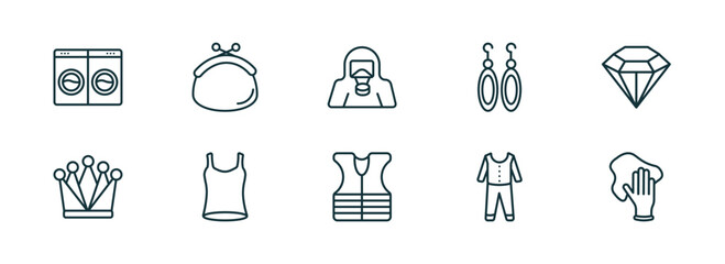 set of 10 linear icons from fashion concept. outline icons such as laundry zone, purses, hazmat, safety shirt, sparkling wine, rag vector