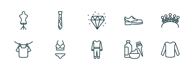 set of 10 linear icons from fashion concept. outline icons such as dressmaker, stripped tie, diamond precious stone, working coverall, hair dye, long sleeves vector