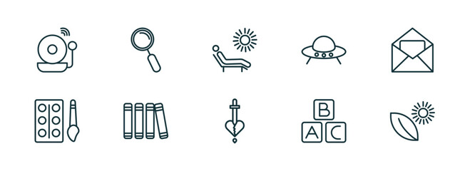 set of 10 linear icons from education concept. outline icons such as school bell, magnifying glass, leisure, romeo and juliet, abc, photosynthesis vector