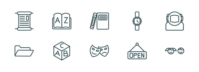 set of 10 linear icons from education concept. outline icons such as manuscript, dictionary, hardbound book variant, shakespeare, opened, kids vector