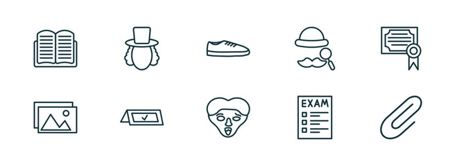 set of 10 linear icons from education concept. outline icons such as reading, eugene onegin, shoe, quasimodo, exam, attachment vector