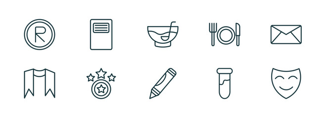 set of 10 linear icons from education concept. outline icons such as registered, book of black cover, punch bowl, crayon, tube, comedy mask vector