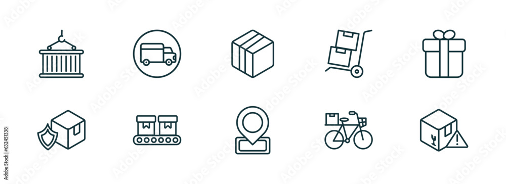 Poster set of 10 linear icons from delivery and logistic concept. outline icons such as container hanging, 