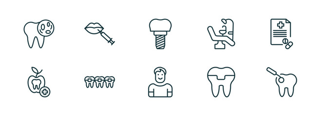 set of 10 linear icons from dentist concept. outline icons such as bacteria in mouth, filler, implant, healthy boy, molar crown, scraping vector