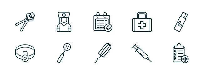 set of 10 linear icons from dentist concept. outline icons such as tooth extraction, male nurse, medical appointment, tampon, empty syringe, medical list vector