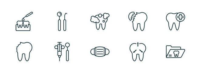 set of 10 linear icons from dentist concept. outline icons such as interproximal, dentist tools, tooth cleaning, dentist mask, intraoral, dental folder vector